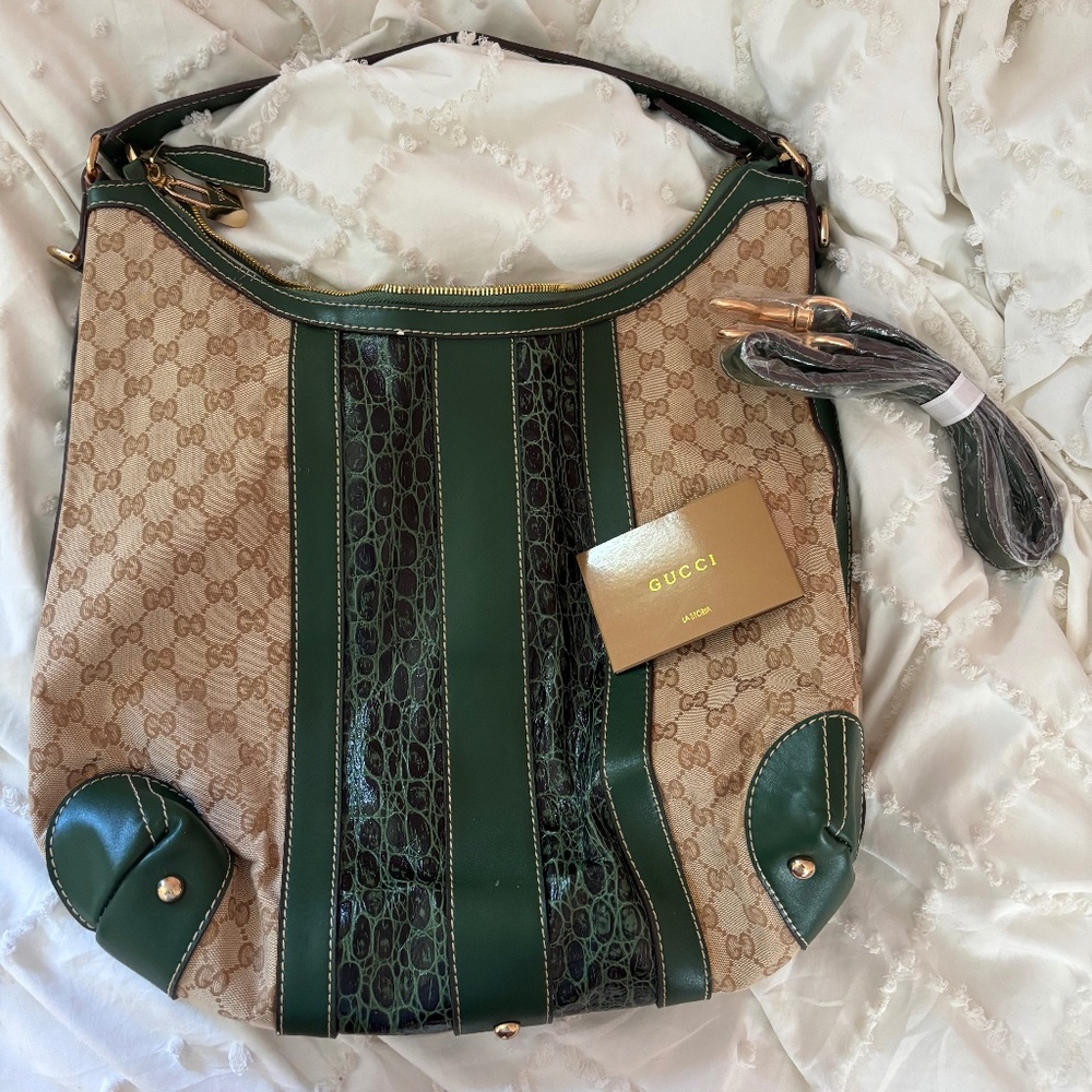 Gucci Beige GG Canvas Green Crocodile Trim Secret Medium Hobo Bag